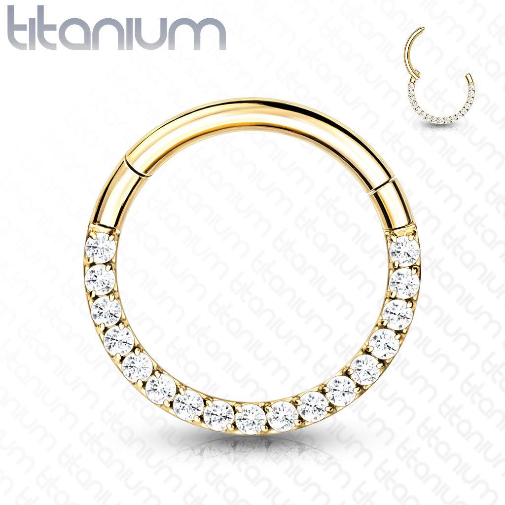 Piercing ring, Front Facing Titanium Hinged Hoop Ring with CZ in Gold