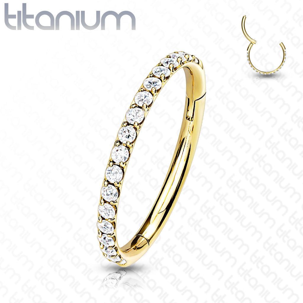 Piercing ring, Titanium Hinged Segment Hoop Ring with CZ in Gold