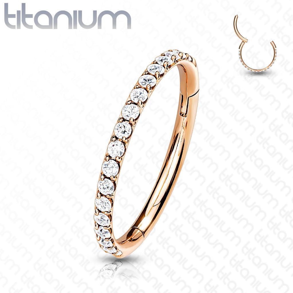 Piercing ring, Titanium Hinged Segment Hoop Ring with CZ in Rosegold