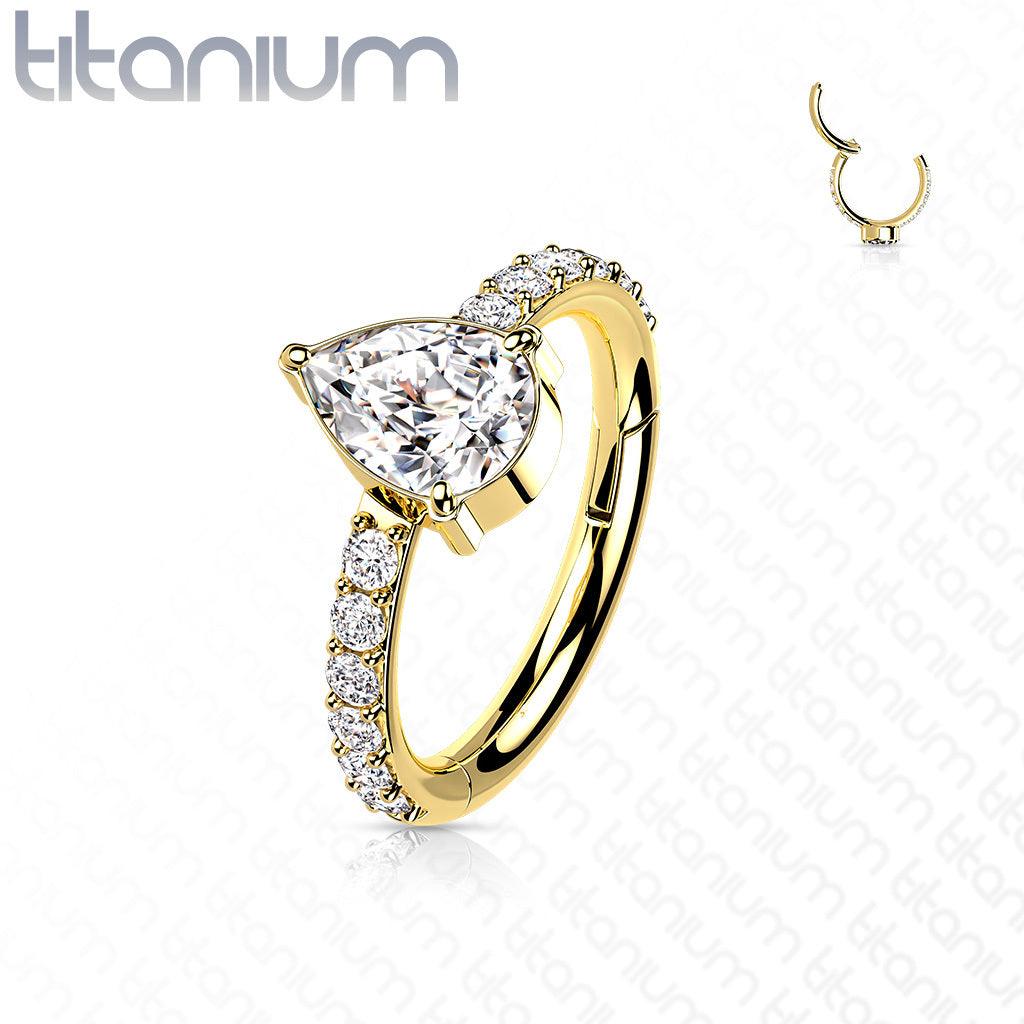 Piercing Ring, Titanium CZ Teardrop Center Clicker in Gold