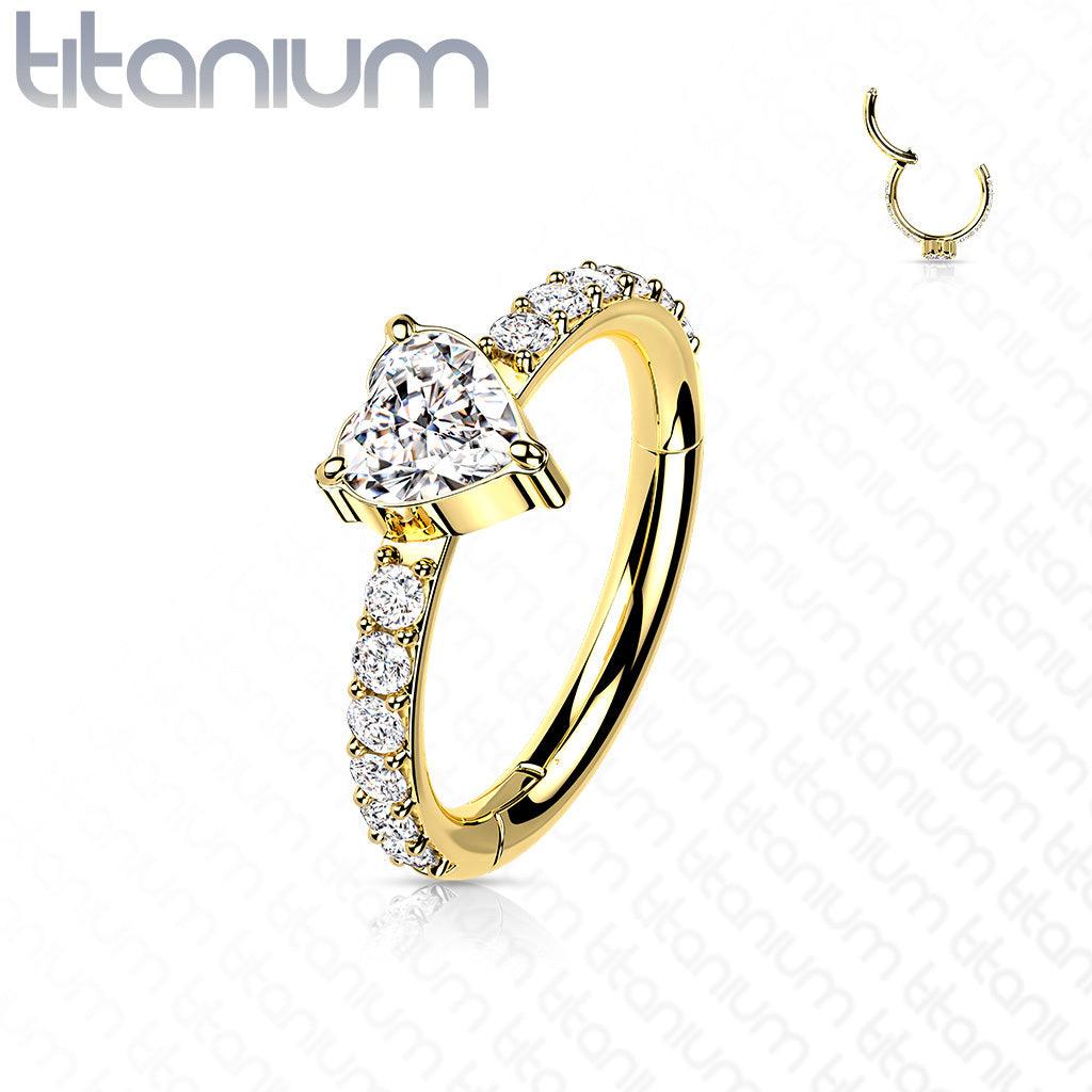 Piercing Ring, Titanium CZ Heart Center Clicker in Gold