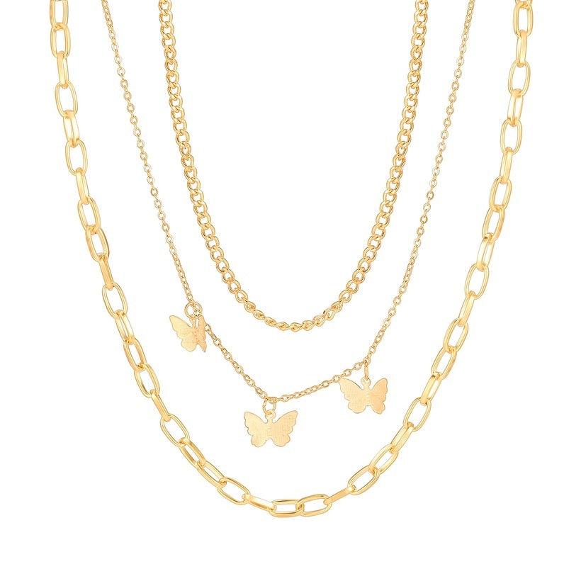 Layered necklace, FRENCH RIVIERA|Three Layer Butterfly Necklace in Gold