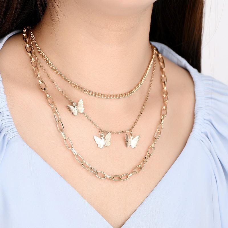 Layered necklace, FRENCH RIVIERA|Three Layer Butterfly Necklace in Gold