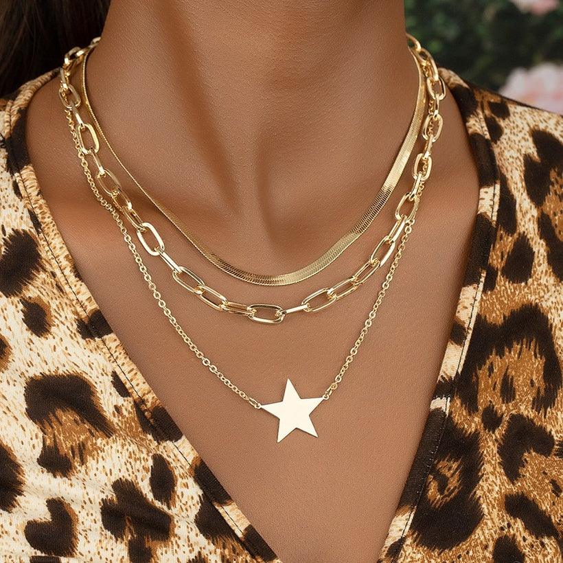 Layered Necklace, FRENCH RIVIERA|Three Layer Star Necklace in Gold