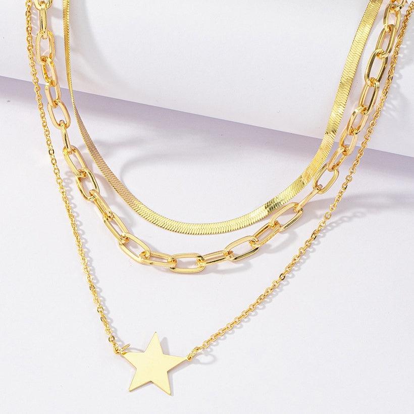 Layered Necklace, FRENCH RIVIERA|Three Layer Star Necklace in Gold