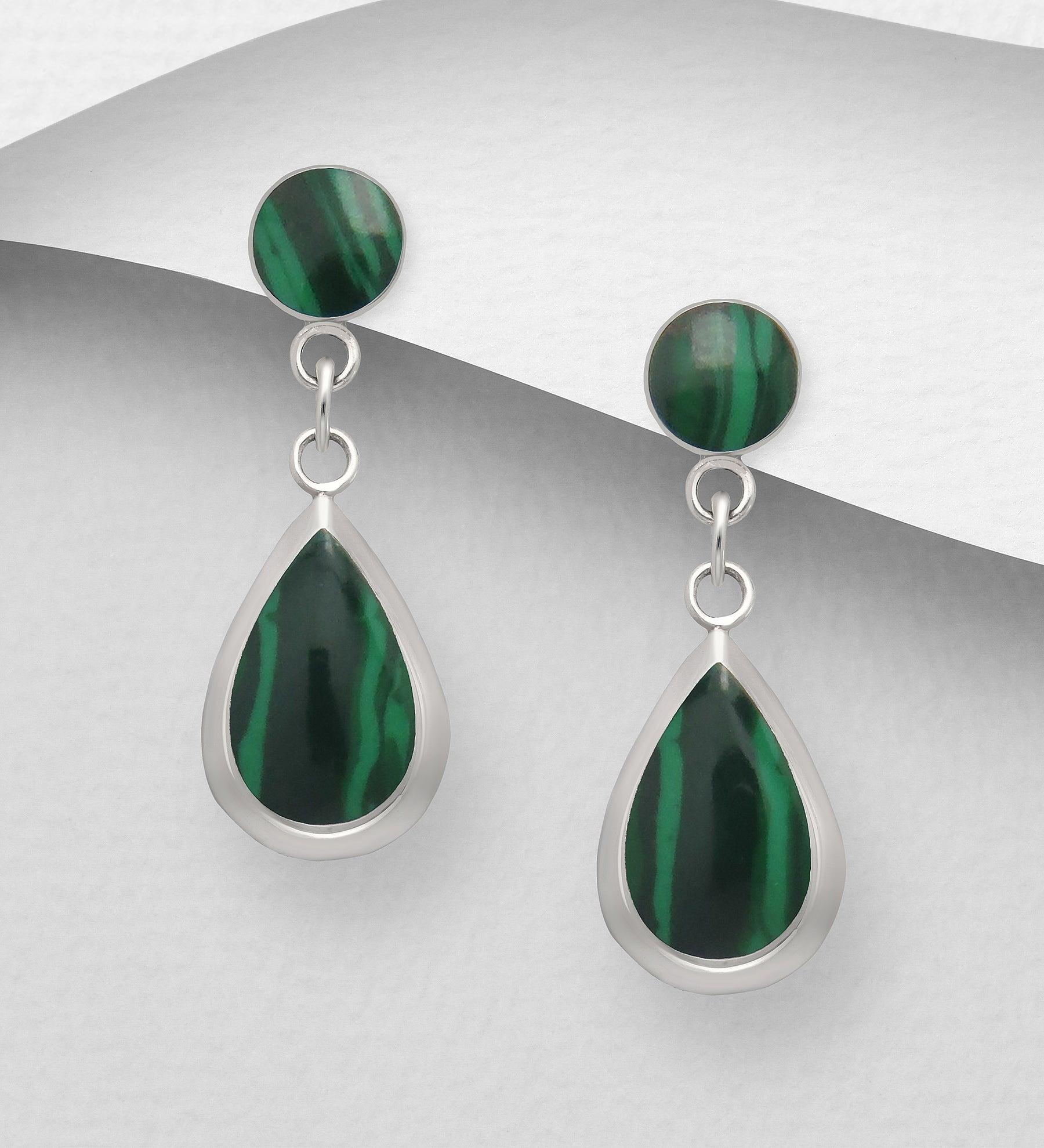 Silver earrings, PREMIUM COLLECTION|Teardrop Push Earrings in Green