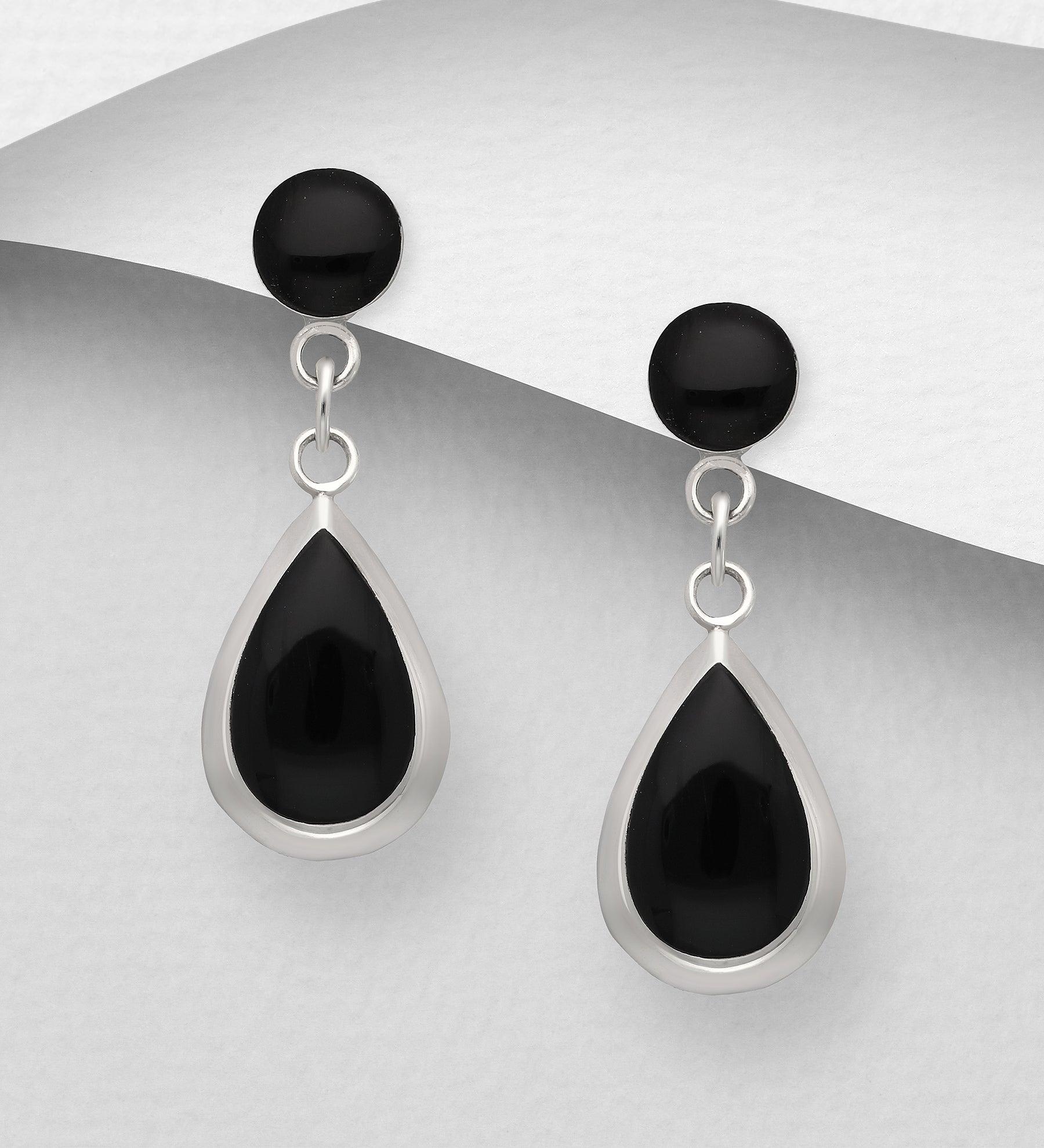 Silver earrings, PREMIUM COLLECTION|Teardrop Push Earrings in Black