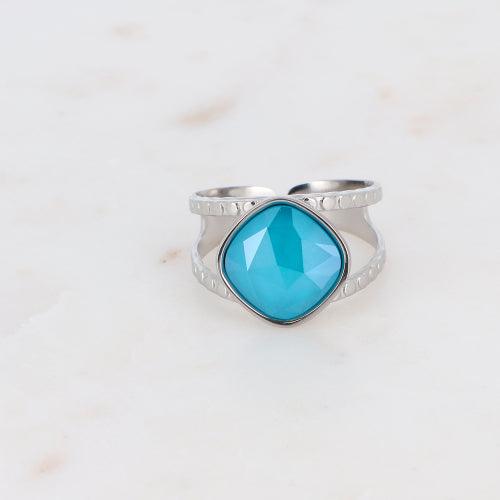 Ring, BOHM PARIS|Bague Léa rhodium avec crystal azure blue