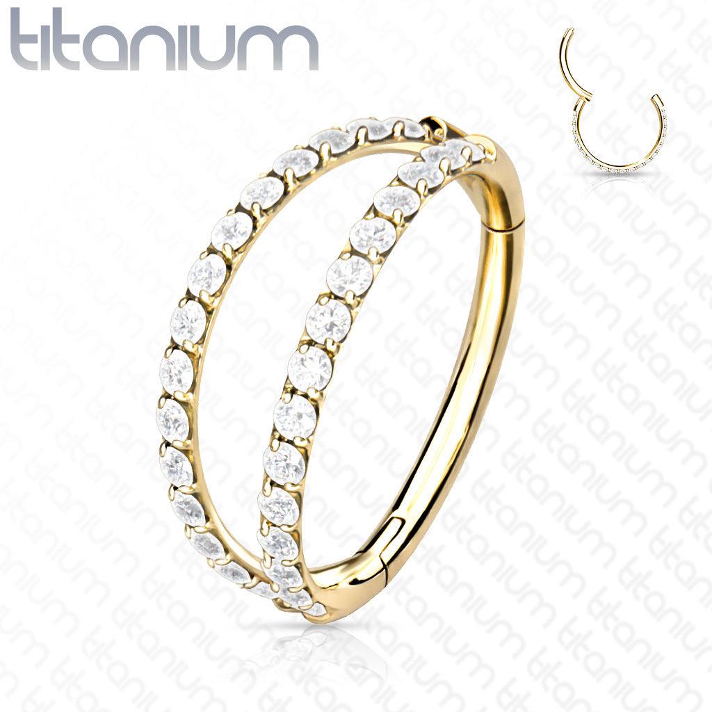 Piercing Ring, Titanium Double CZ Line in Gold Double Row Ring