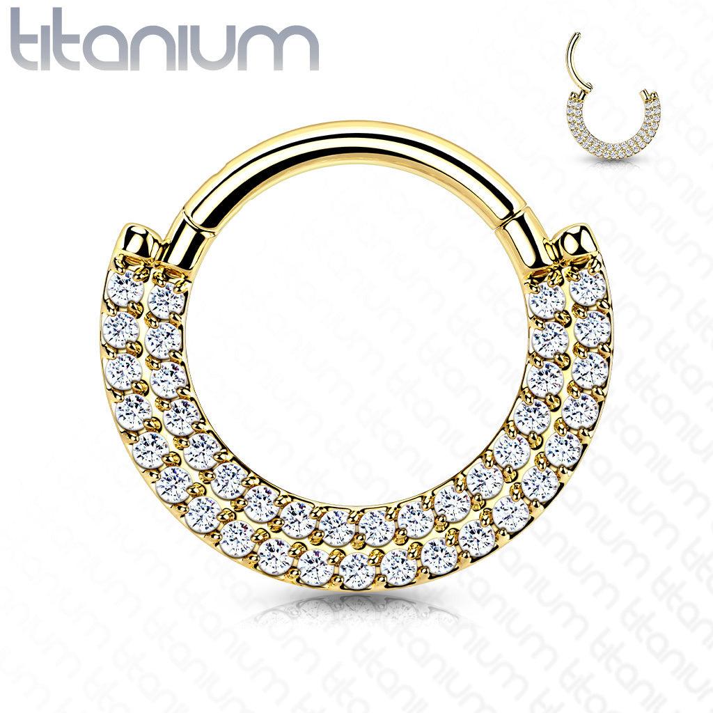 Piercing ring, Implant Grade Titanium CZ Paved Front Hoop in Gold