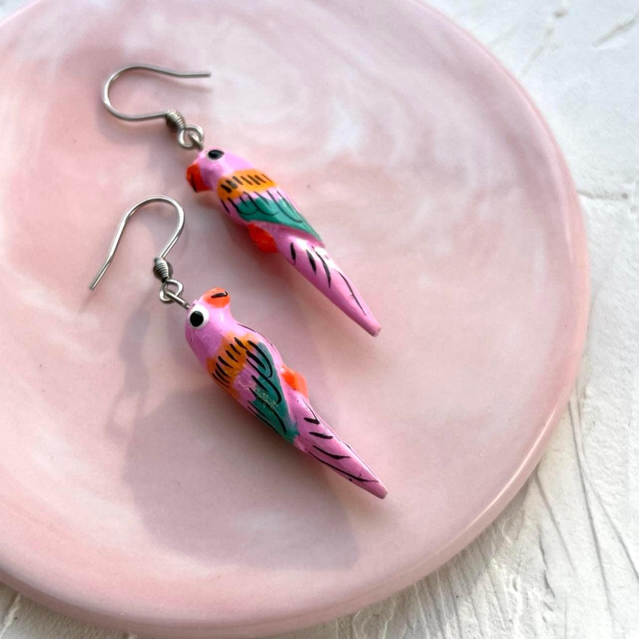 Wooden earrings, Little Parrot (pink-green-orange)