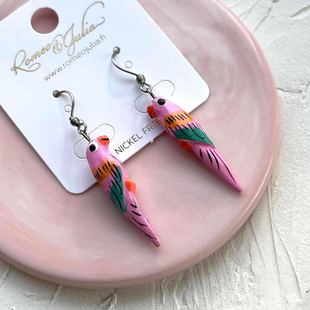 Wooden earrings, Little Parrot (pink-green-orange)