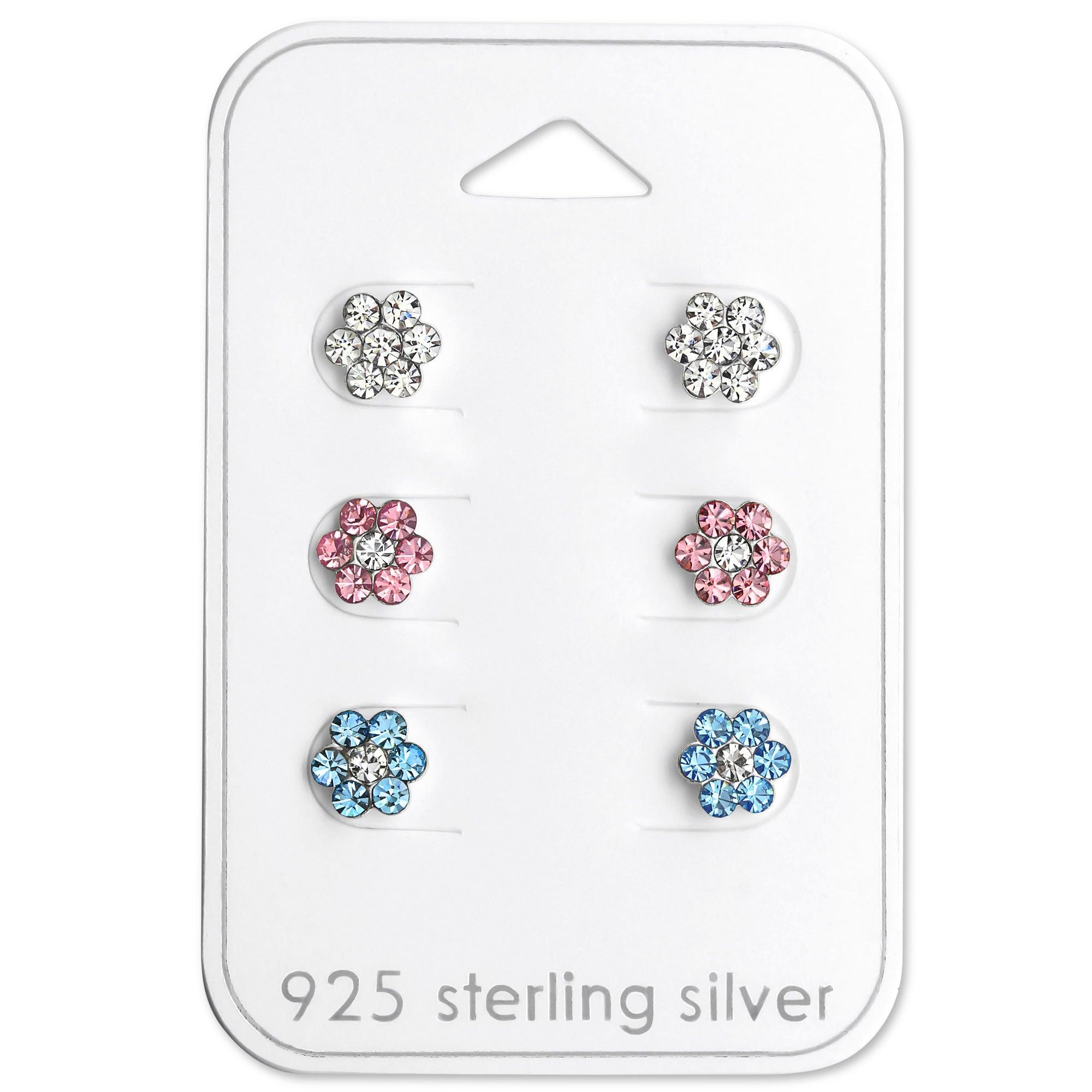 Children's silver button set, Sparkling flower buttons in three colors