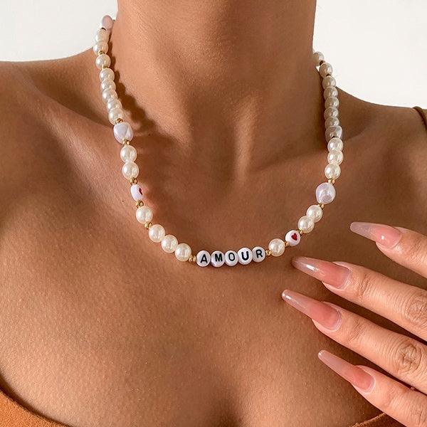 Necklace, FRENCH RIVIERA|Amour Necklace -pearl necklace with text