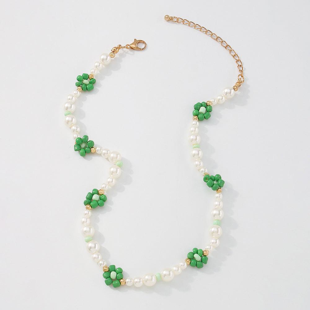 Necklace, FRENCH RIVIERA|Joy green flower necklace with beads