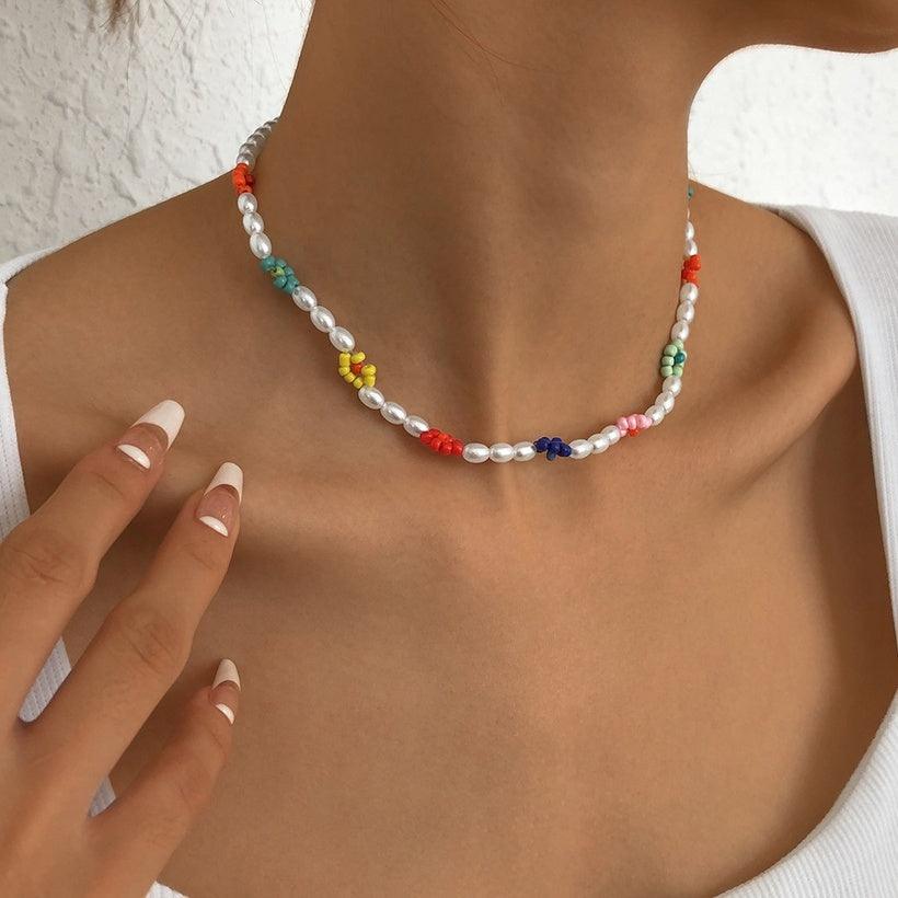 Necklace, FRENCH RIVIERA|Holly multi-colored flower necklace with beads