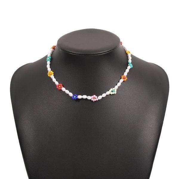 Necklace, FRENCH RIVIERA|Holly multi-colored flower necklace with beads