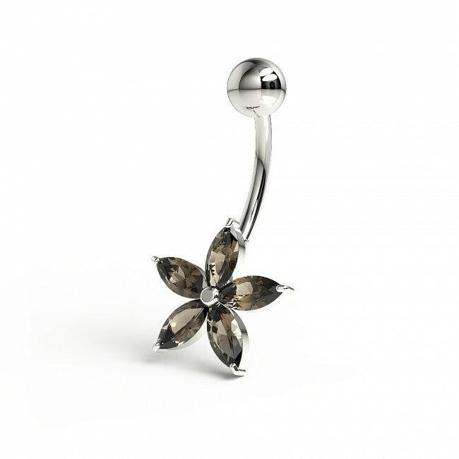 Surgical steel navel ring|Smoky quartz natural stone flower