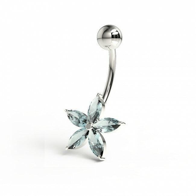 Surgical steel navel ring|Aquamarine natural stone flower