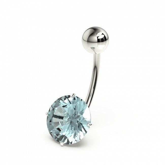 Surgical steel belly button ring|Round faceted aquamarine