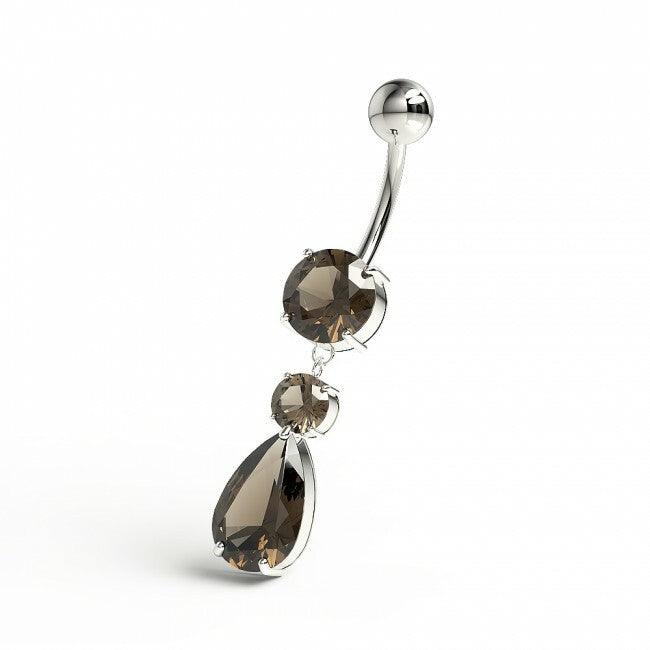 Surgical steel belly button ring|Dangle smoky quartz drop