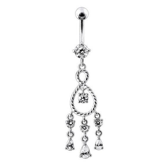 Titanium belly button ring|Long belly button ring with clear crystals