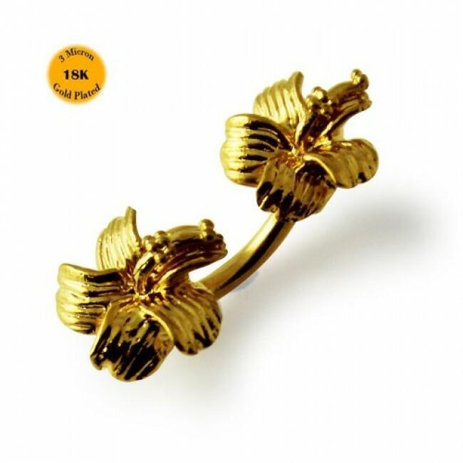 Surgical steel belly button ring, Gold plated hibiscus flower