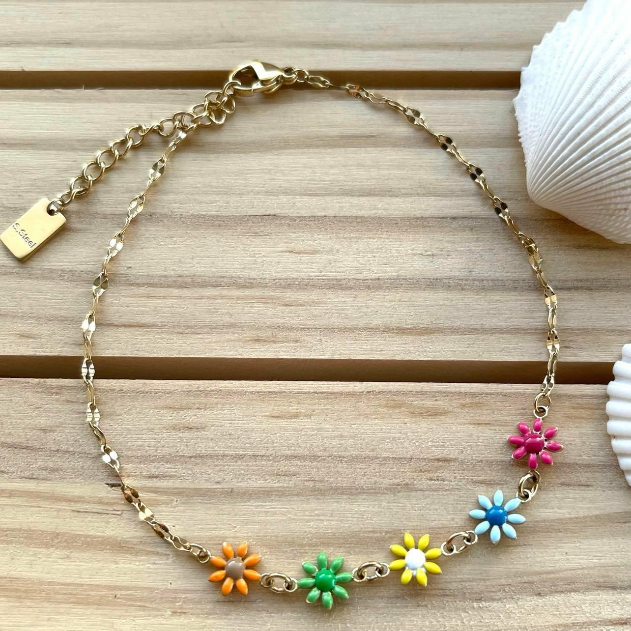 Surgical steel anklet, FRENCH RIVIERA, Nora - colorful flowers (gold)