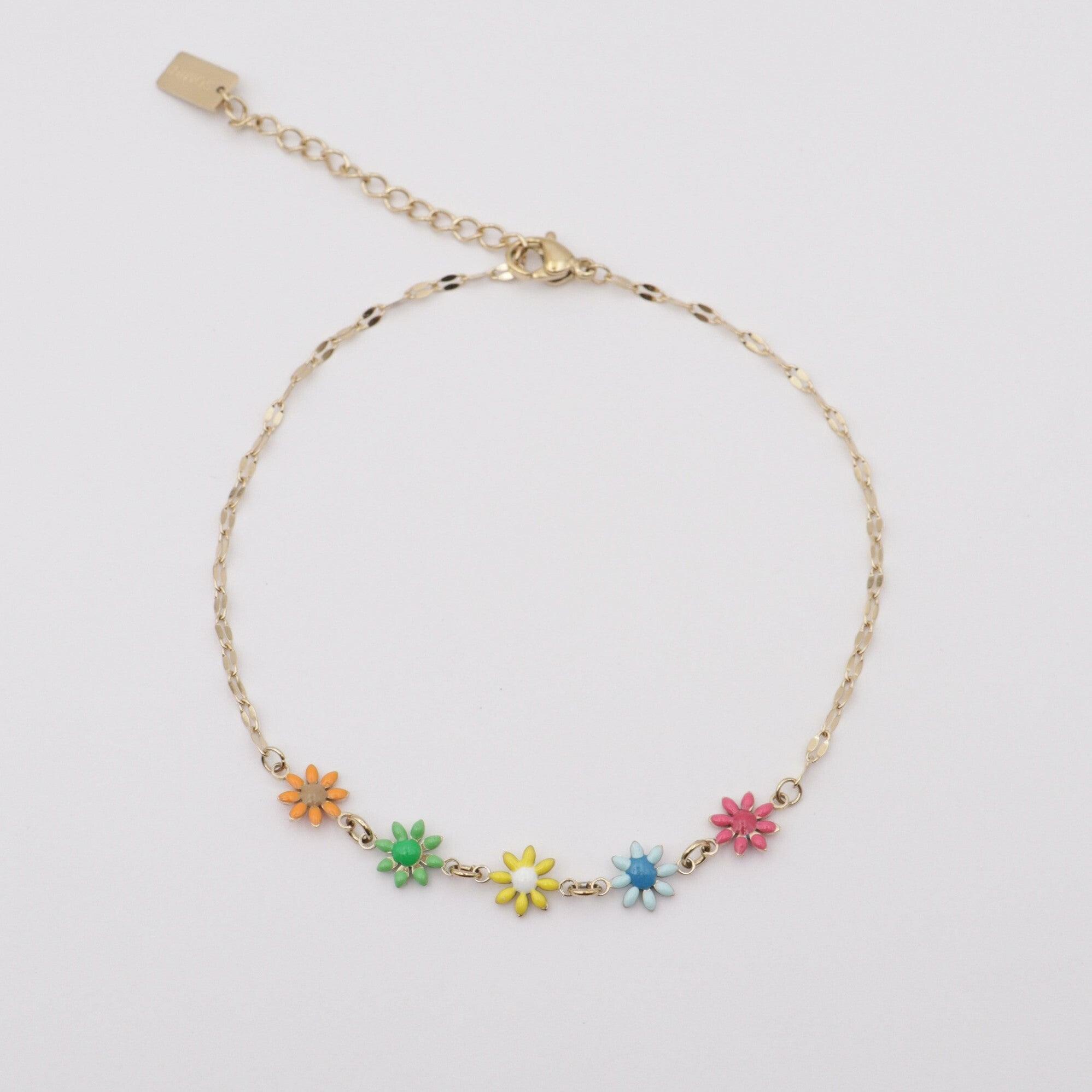 Surgical steel anklet, FRENCH RIVIERA, Nora - colorful flowers (gold)