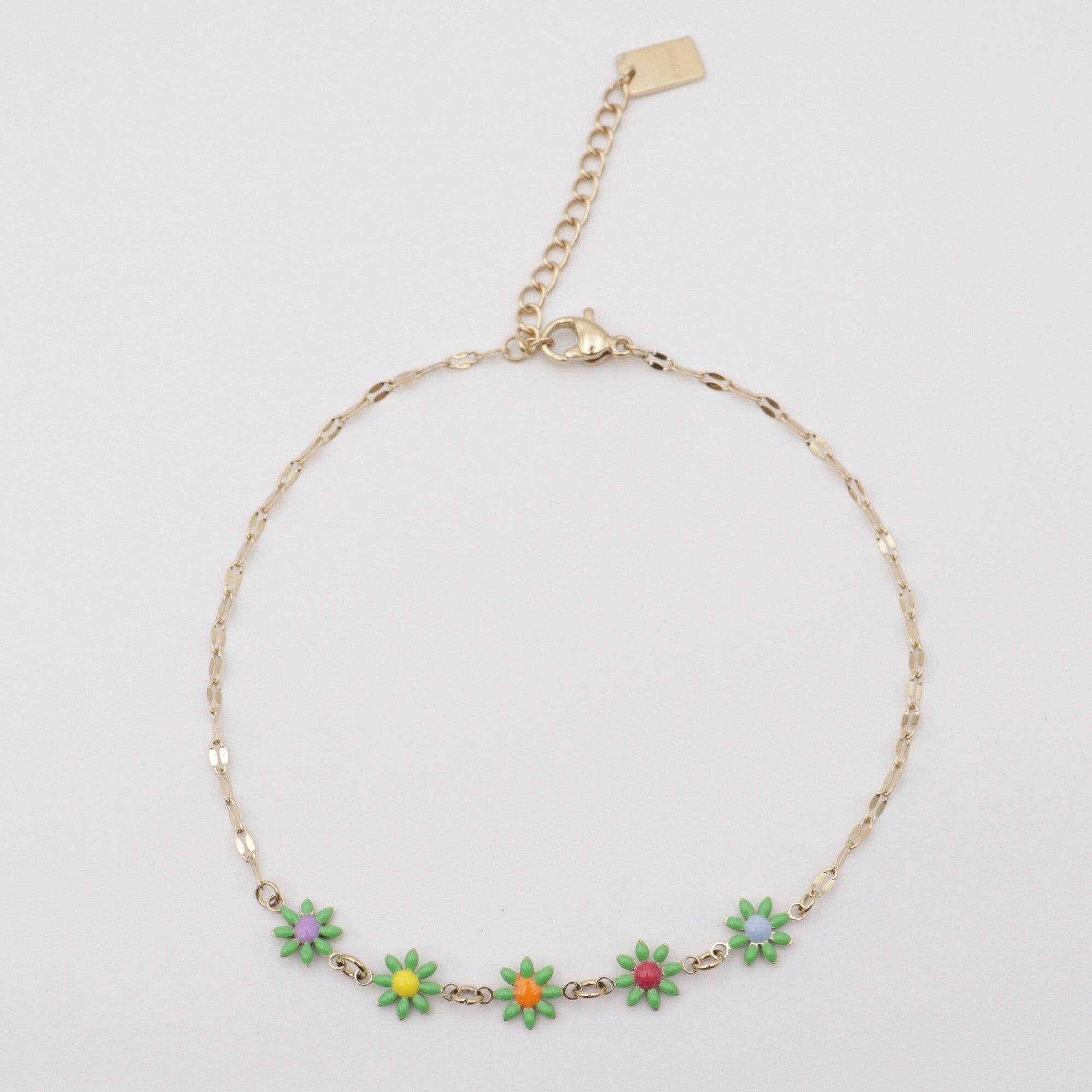 Surgical steel anklet, FRENCH RIVIERA, Nora -green flowers (gold)