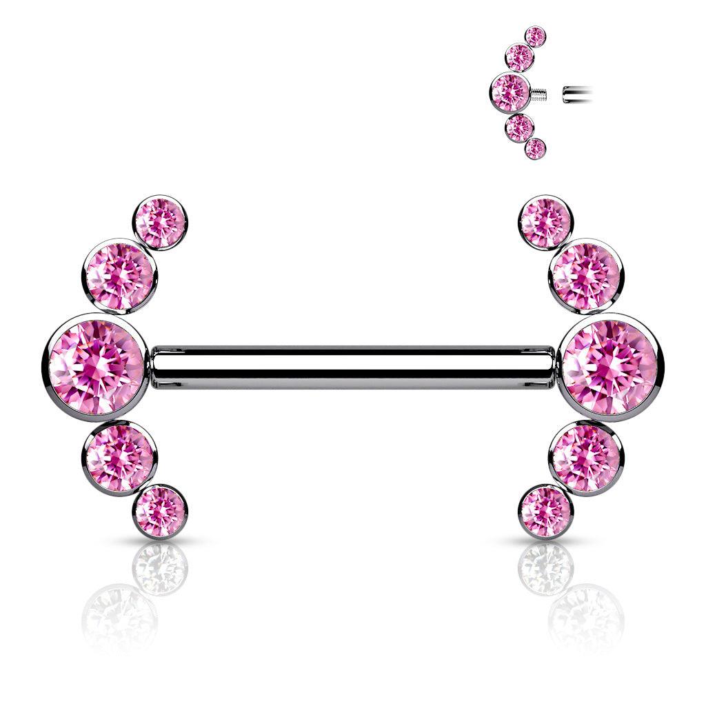 Nipple barbell, Titanium Barbells with 5 Bezel Set CZ in Pink