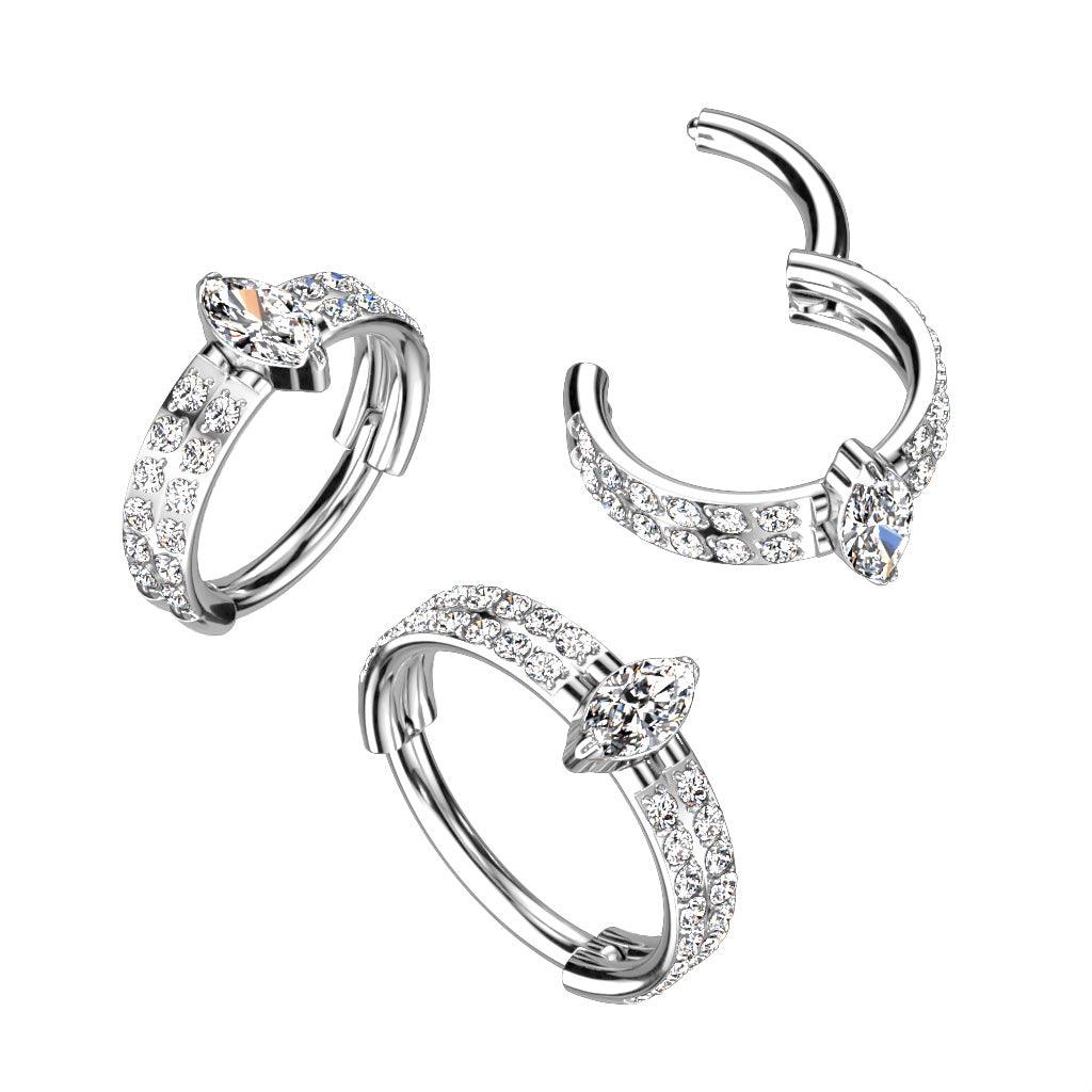 Piercing ring, Titanium double row CZ clicker with oval stone