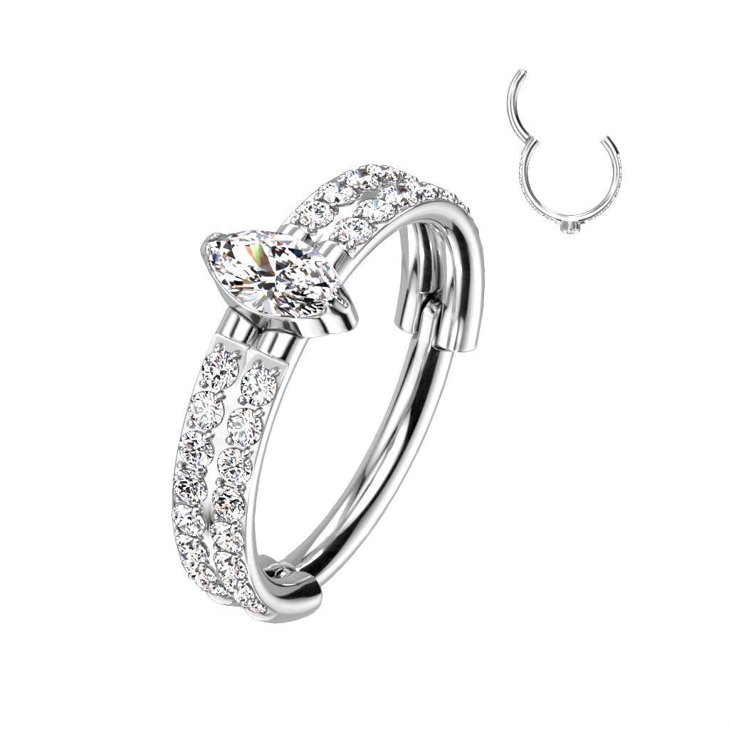 Piercing ring, Titanium double row CZ clicker with oval stone