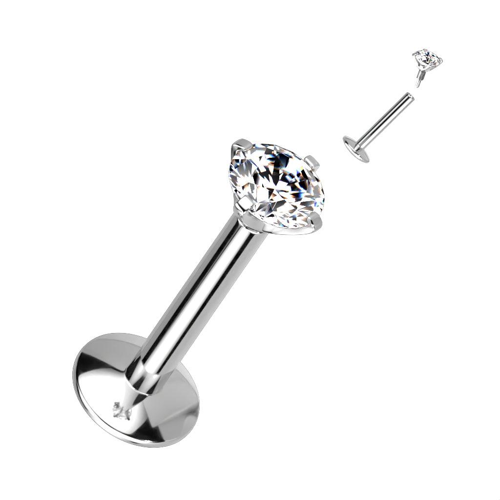 Labret, Titanium Round Large 4mm CZ (extra long internal thread)