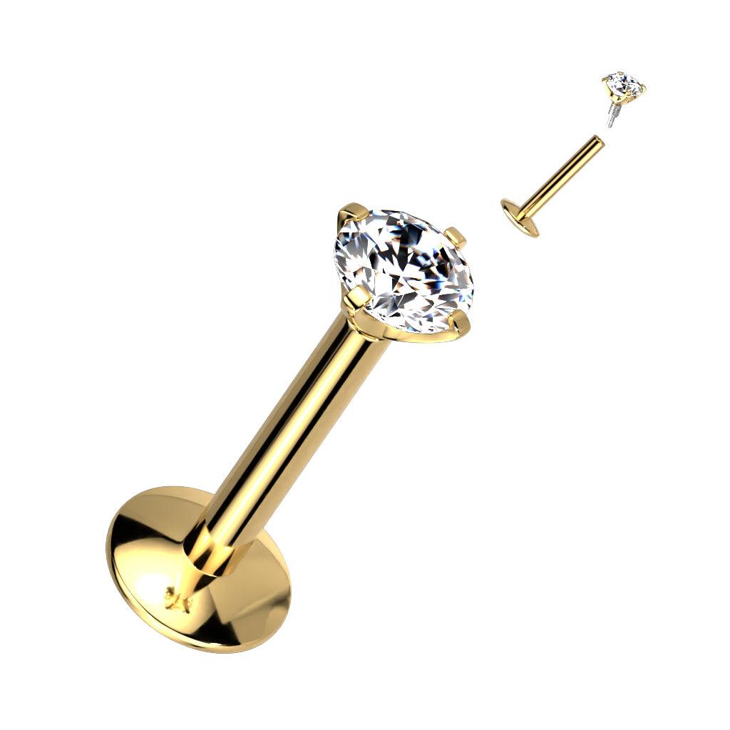 Labret, Titanium Round Medium 3mm CZ Gold (extra long internal thread)