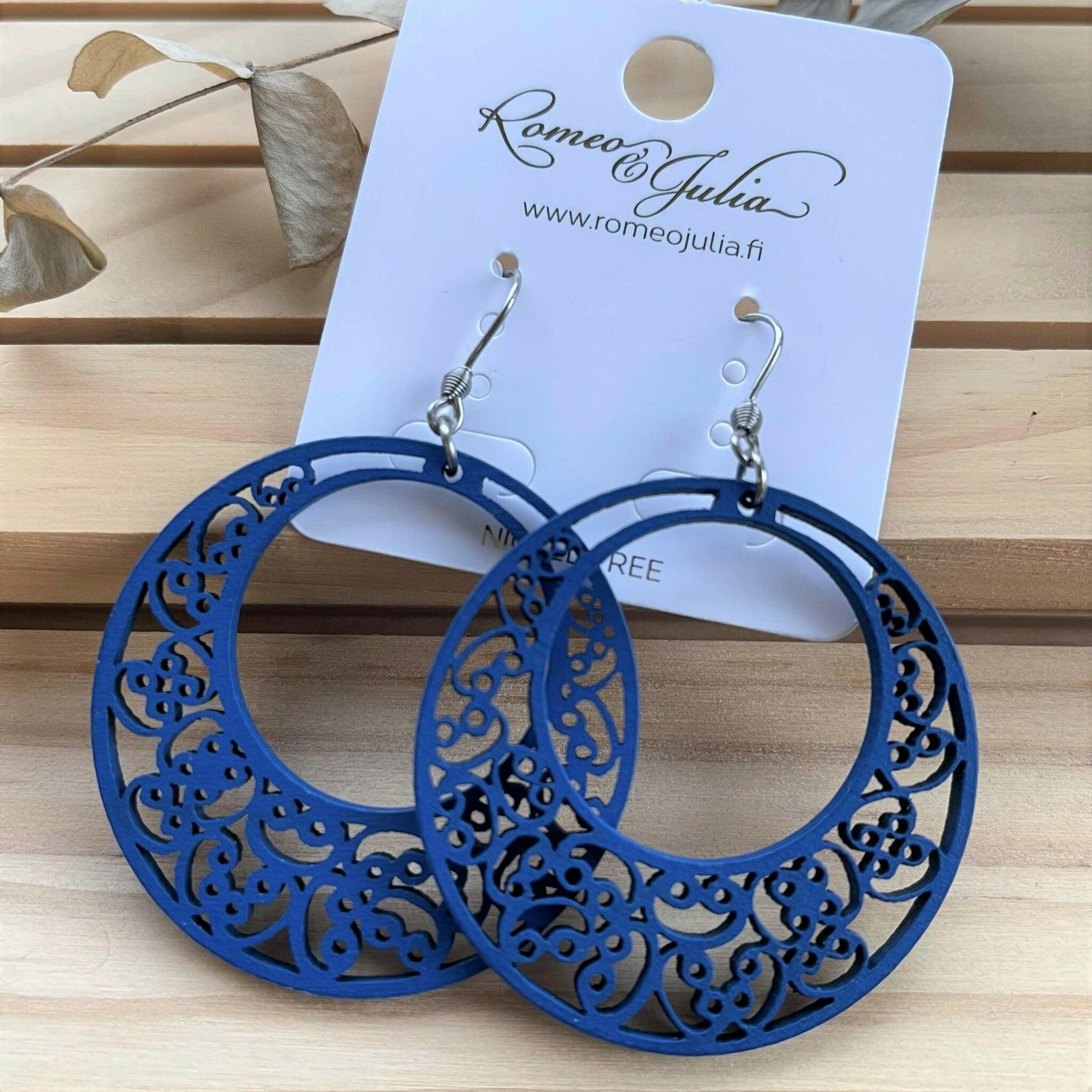 Wooden earrings, Lace ring (blue)