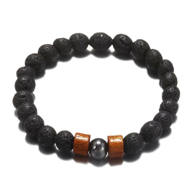 Natural stone bracelet, Lava stone with wooden bead