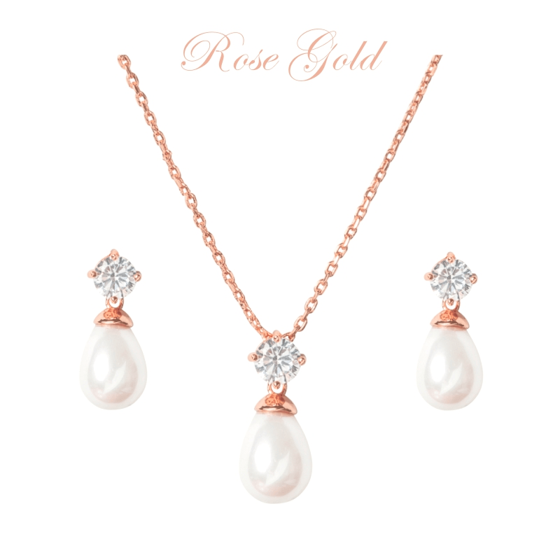 ATHENA BRIDAL | Rosegold Pearl Set crystal necklace with pearl drop