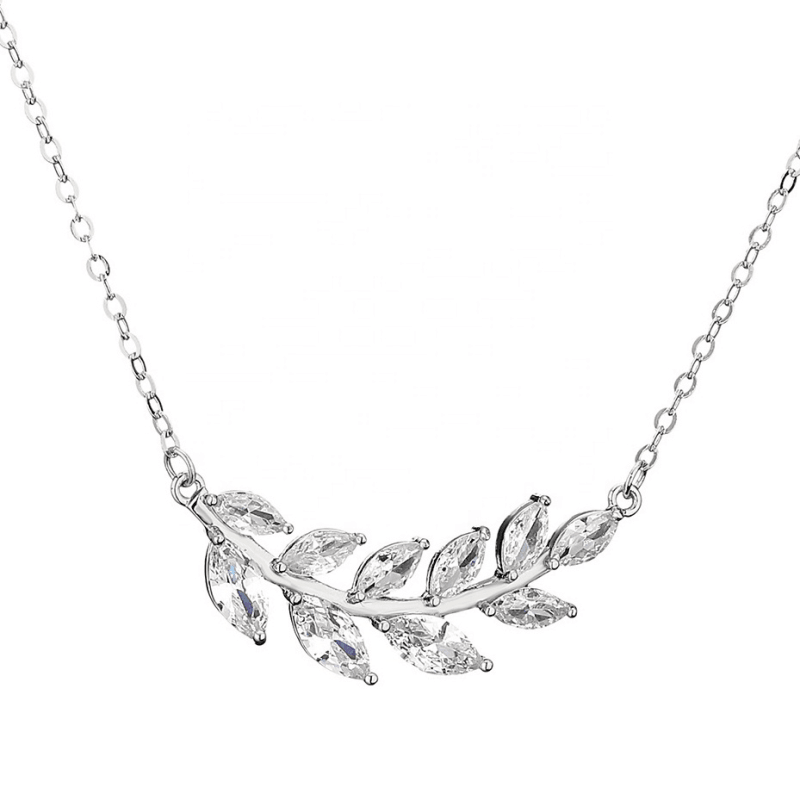 Crystal necklace, ATHENA BRIDAL|Noelle Necklace -silver leaf motif