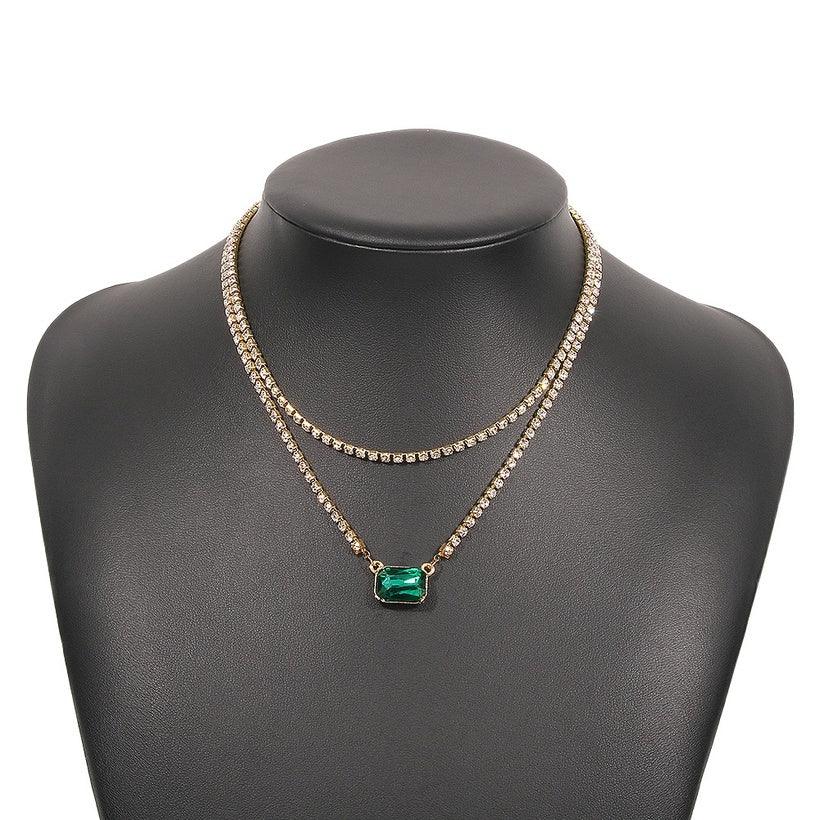 FRENCH RIVIERA|Emerald Necklace in Gold - rhinestone jewelry with green stone