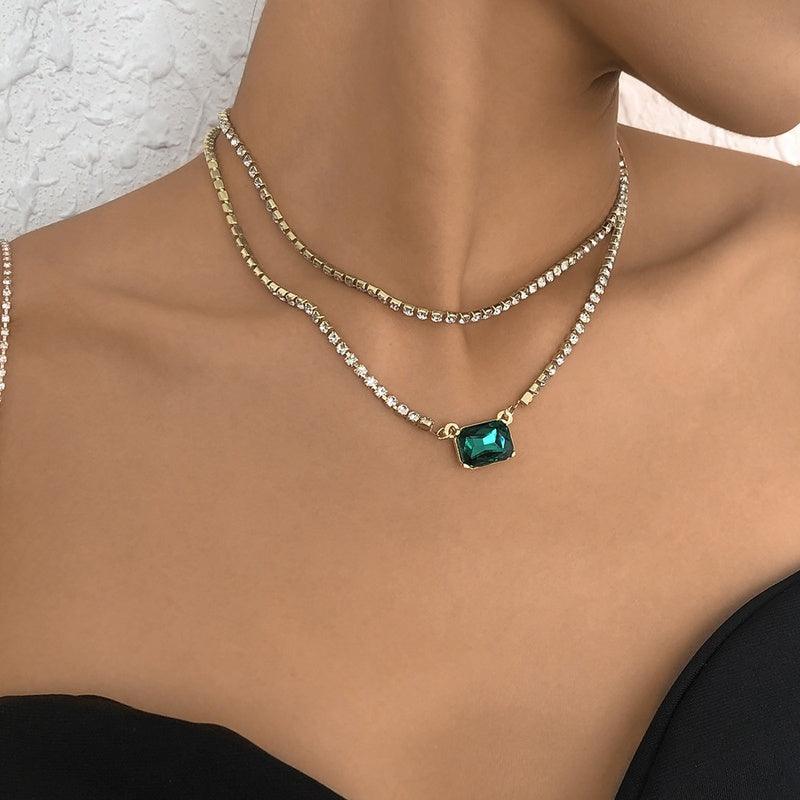 FRENCH RIVIERA|Emerald Necklace in Gold - rhinestone jewelry with green stone