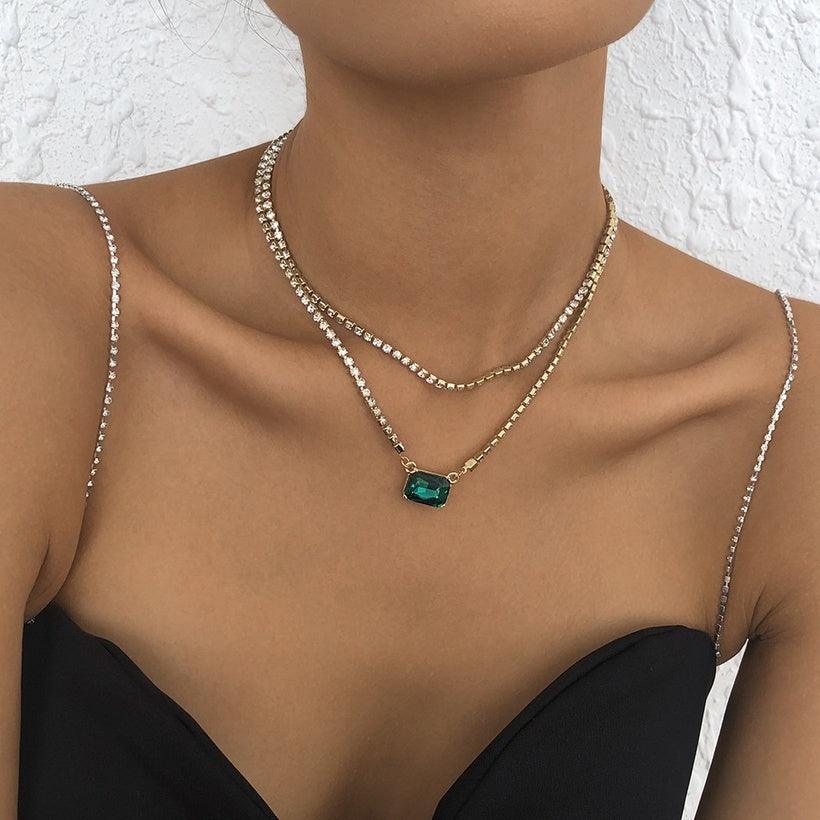 FRENCH RIVIERA|Emerald Necklace in Gold - rhinestone jewelry with green stone