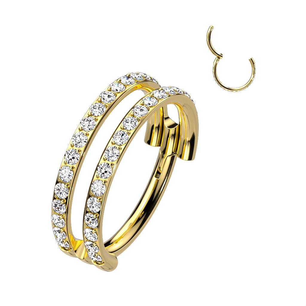 Piercing ring, Titanium Double Gold CZ double row titanium clicker