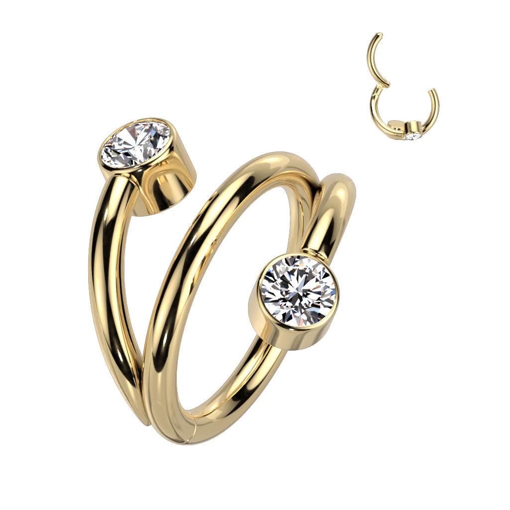 Piercing ring, Titanium Twist Gold CZ stone titanium clicker