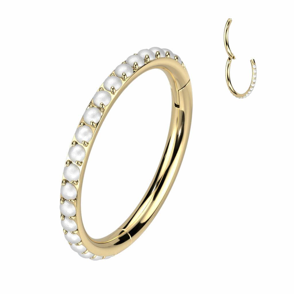 Piercing ring, Titanium Pearl Hoop in Gold -titanium pearl clicker