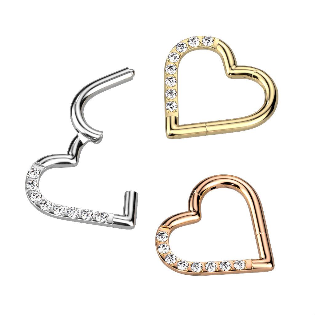 Piercing ring, Titanium Gold Heart CZ heart titanium clicker