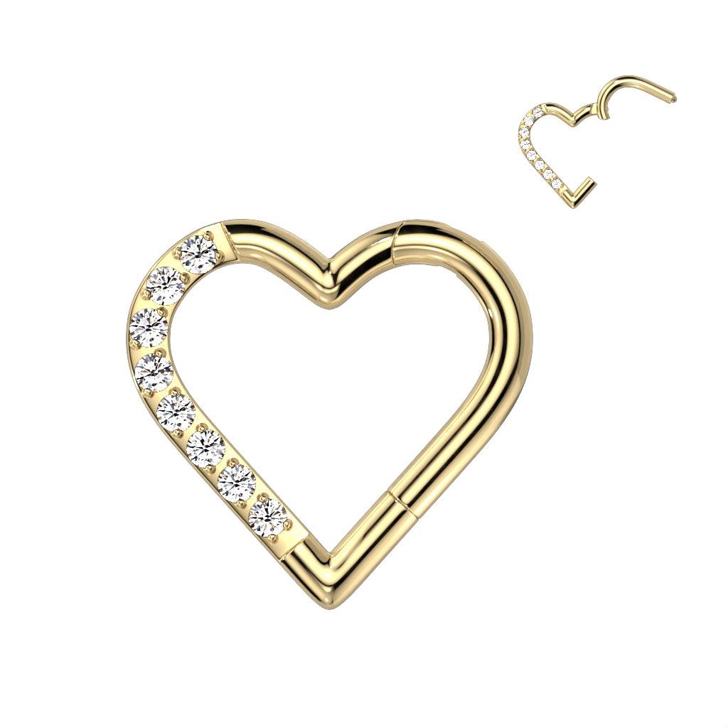 Piercing ring, Titanium Gold Heart CZ heart titanium clicker