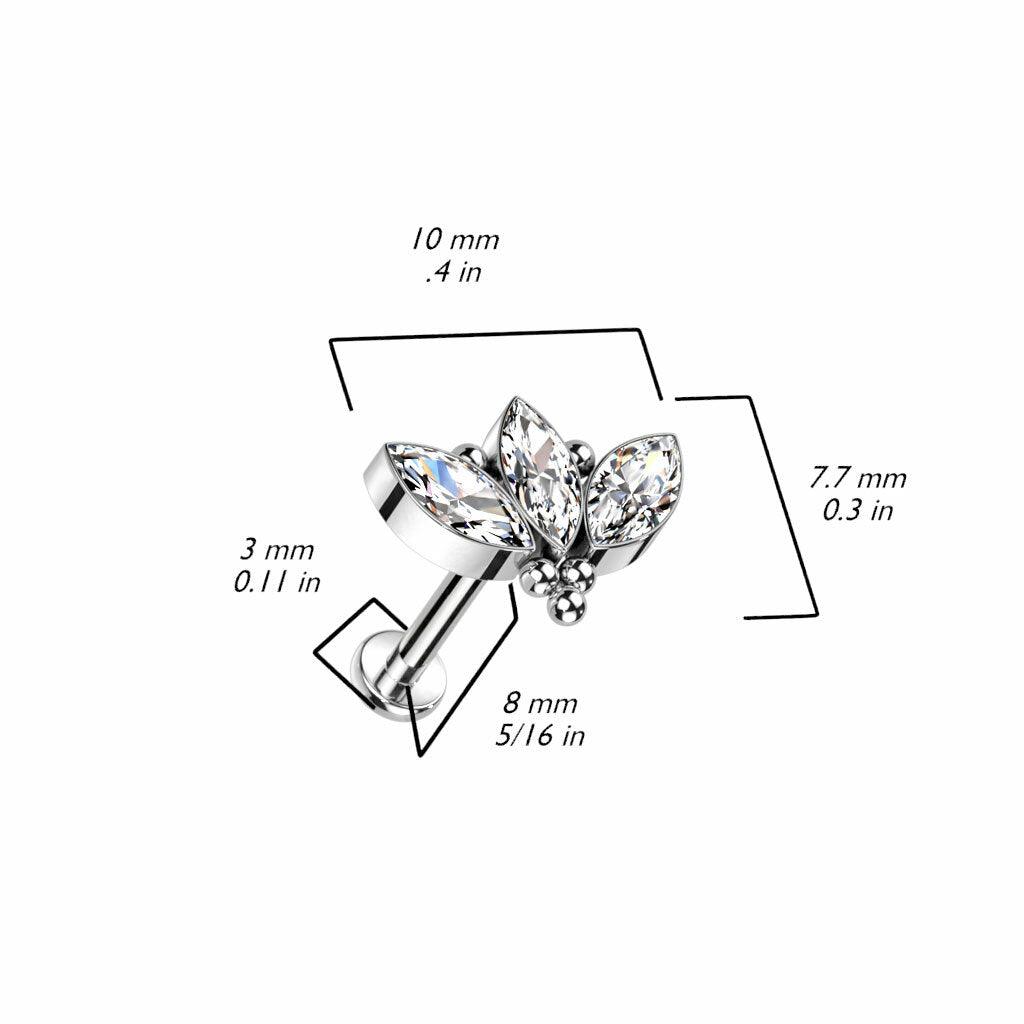 Cartilage/tragus jewelry, Titanium 3 Marquise CZ stone titanium labret