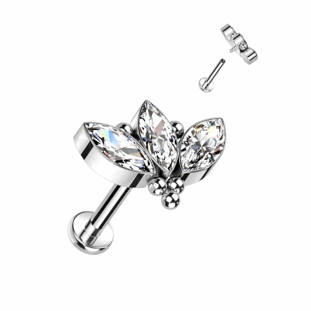 Cartilage/tragus jewelry, Titanium 3 Marquise CZ stone titanium labret