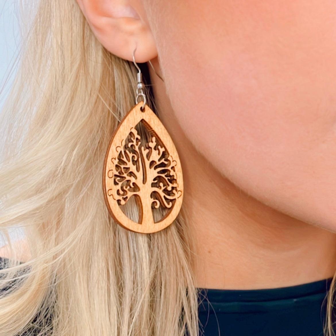 Wooden earrings, Tree of Life in Brown